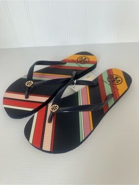 NEW Tory Burch Navy Flip Flops with Multicolor Stripes NWT
